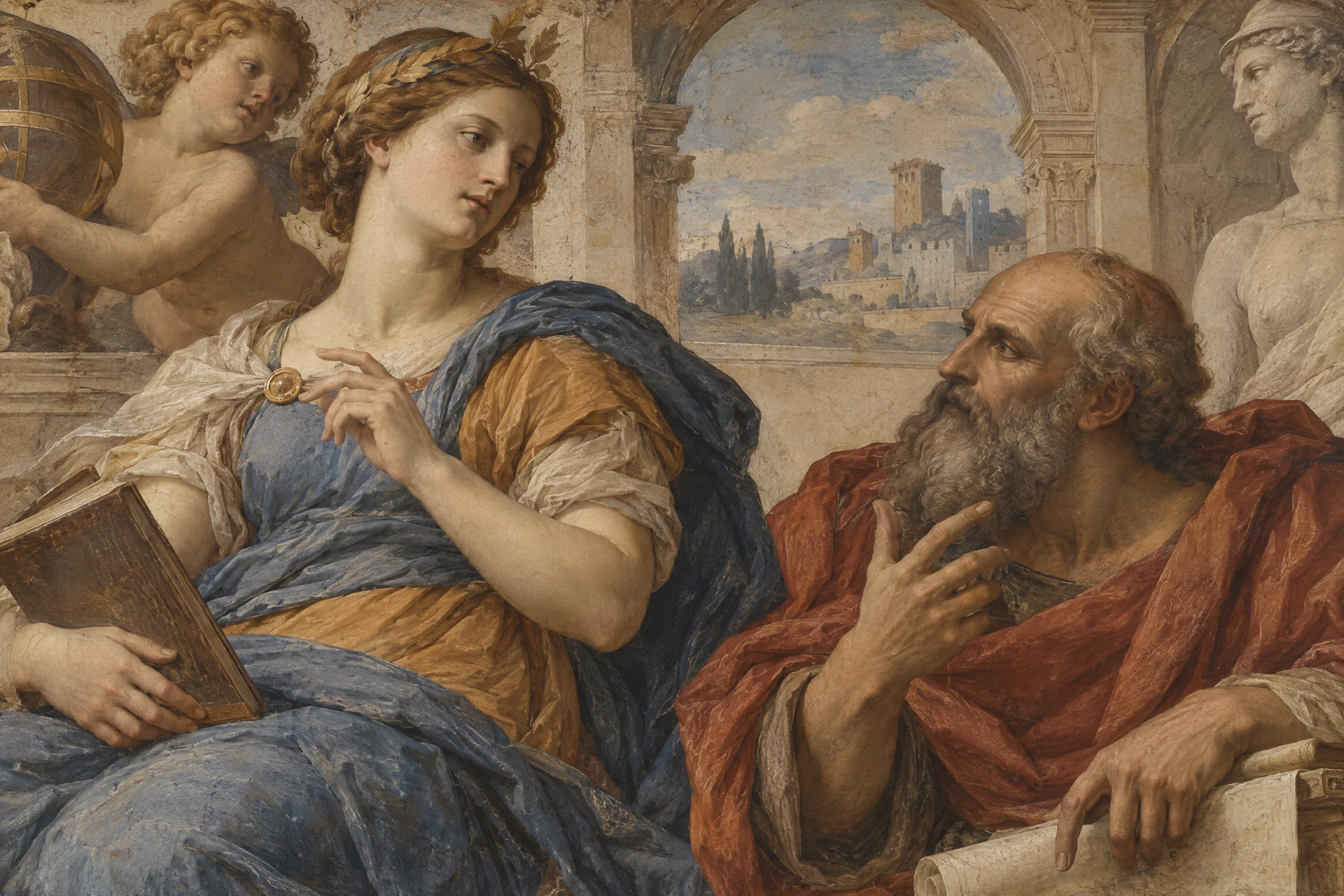 Original Renaissance-inspired illustration of draped figures beneath classical arches